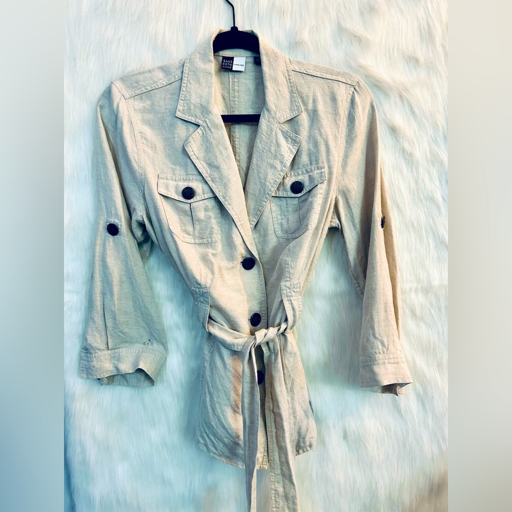 saks fifth avenue linen threads khaki jacket with tie around waist size 10